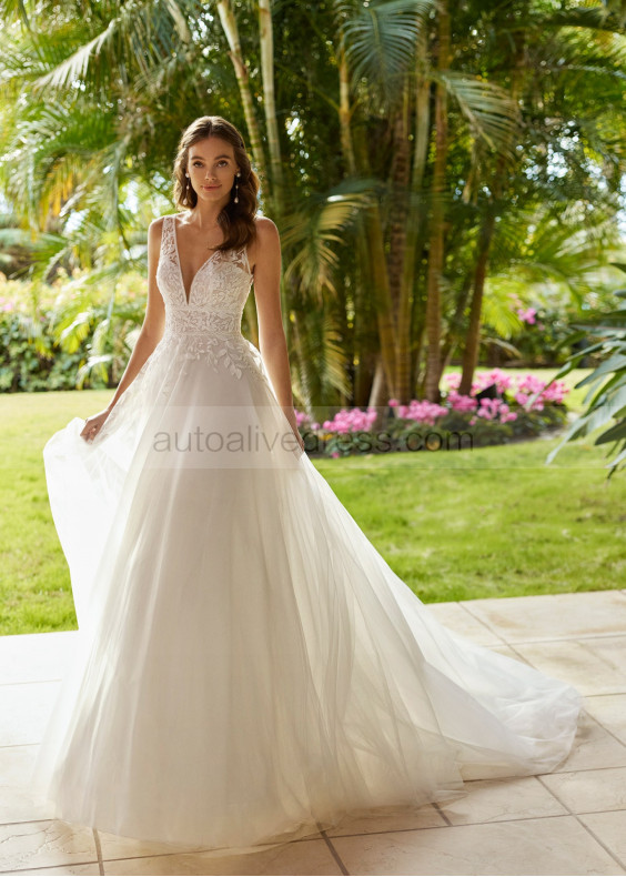 Beaded Ivory Lace Tulle Deep V Back Sexy Wedding Dress